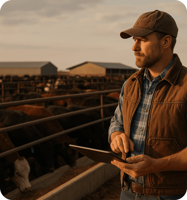 Illustration of a feedlot operator reviewing records on a tablet beside cattle at the bunk