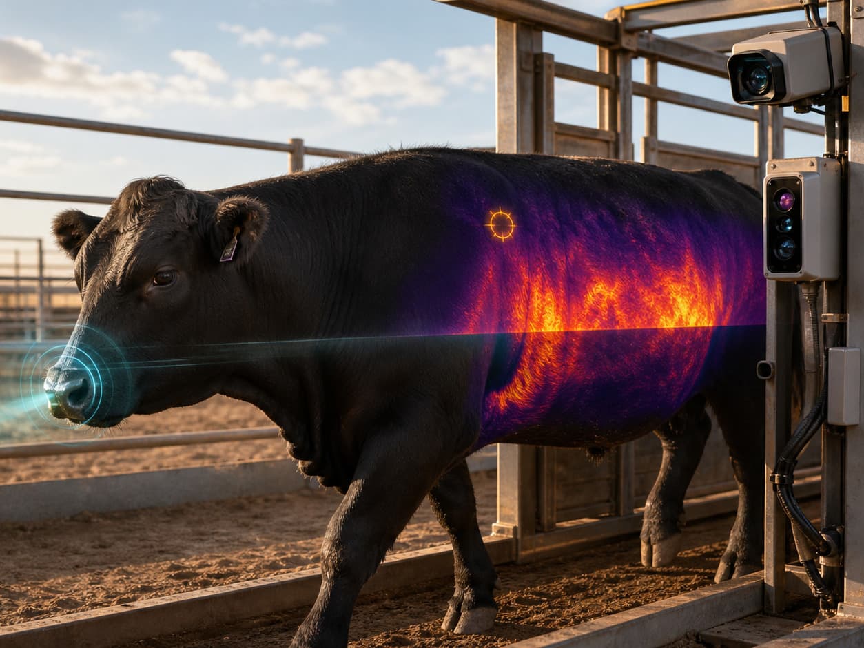 Editorial concept of synchronized digital and thermal cameras at a cattle chute