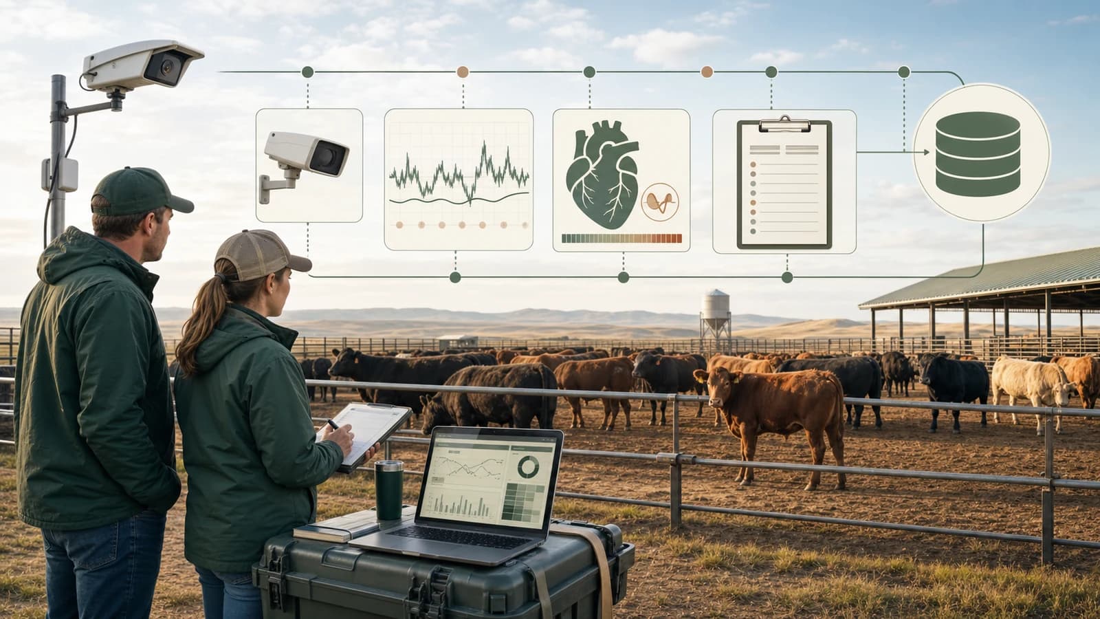 Editorial illustration of feedlot researchers aligning camera observations, environmental data, a bovine heart phenotype, and study records