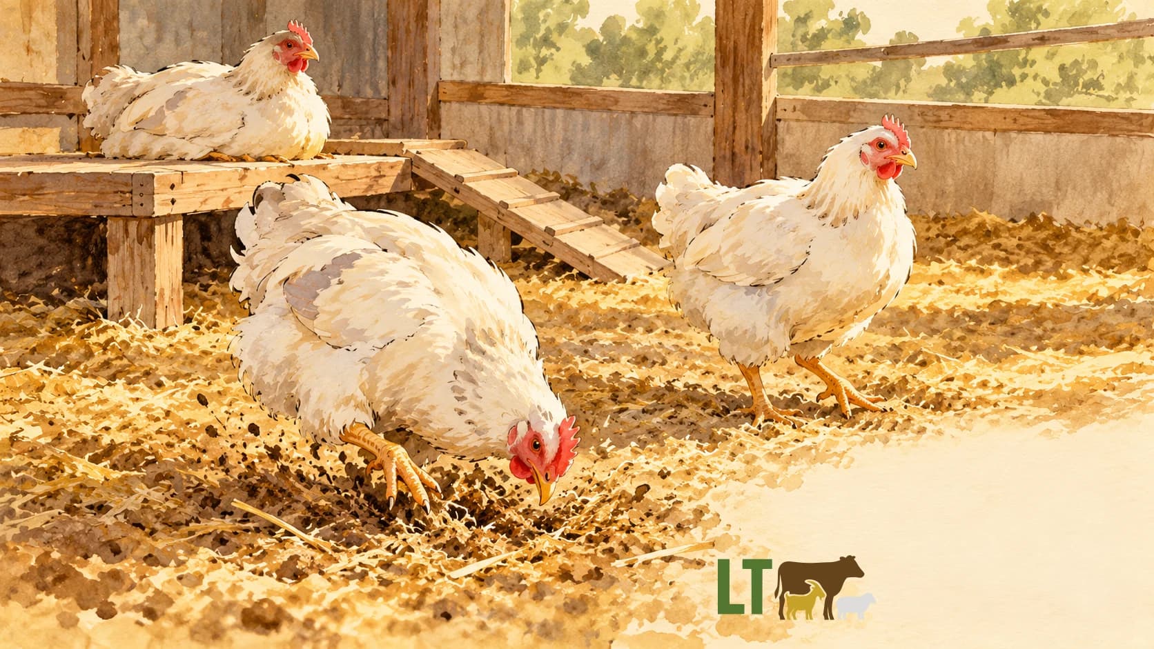 Editorial watercolor-and-ink illustration of broilers scratching litter, walking and resting on a low platform, with the authentic Livestock Technologies logo