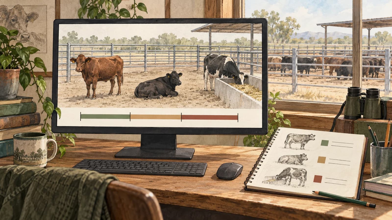 Illustration of cattle behavior annotation with posture sketches and a video timeline, not an actual software interface