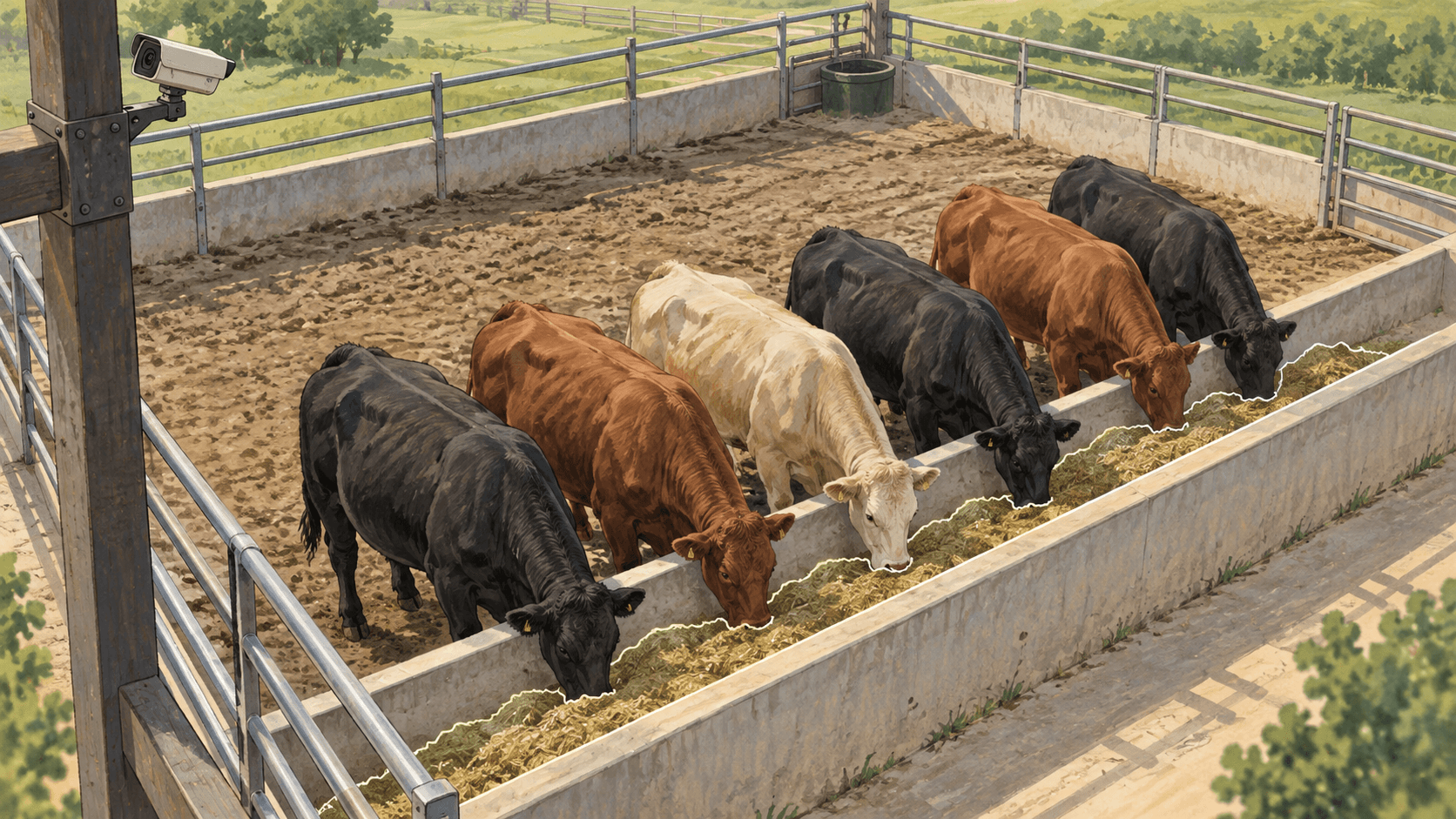 Editorial illustration of cattle at a feed bunk viewed from a fixed camera, created to accompany a research explainer