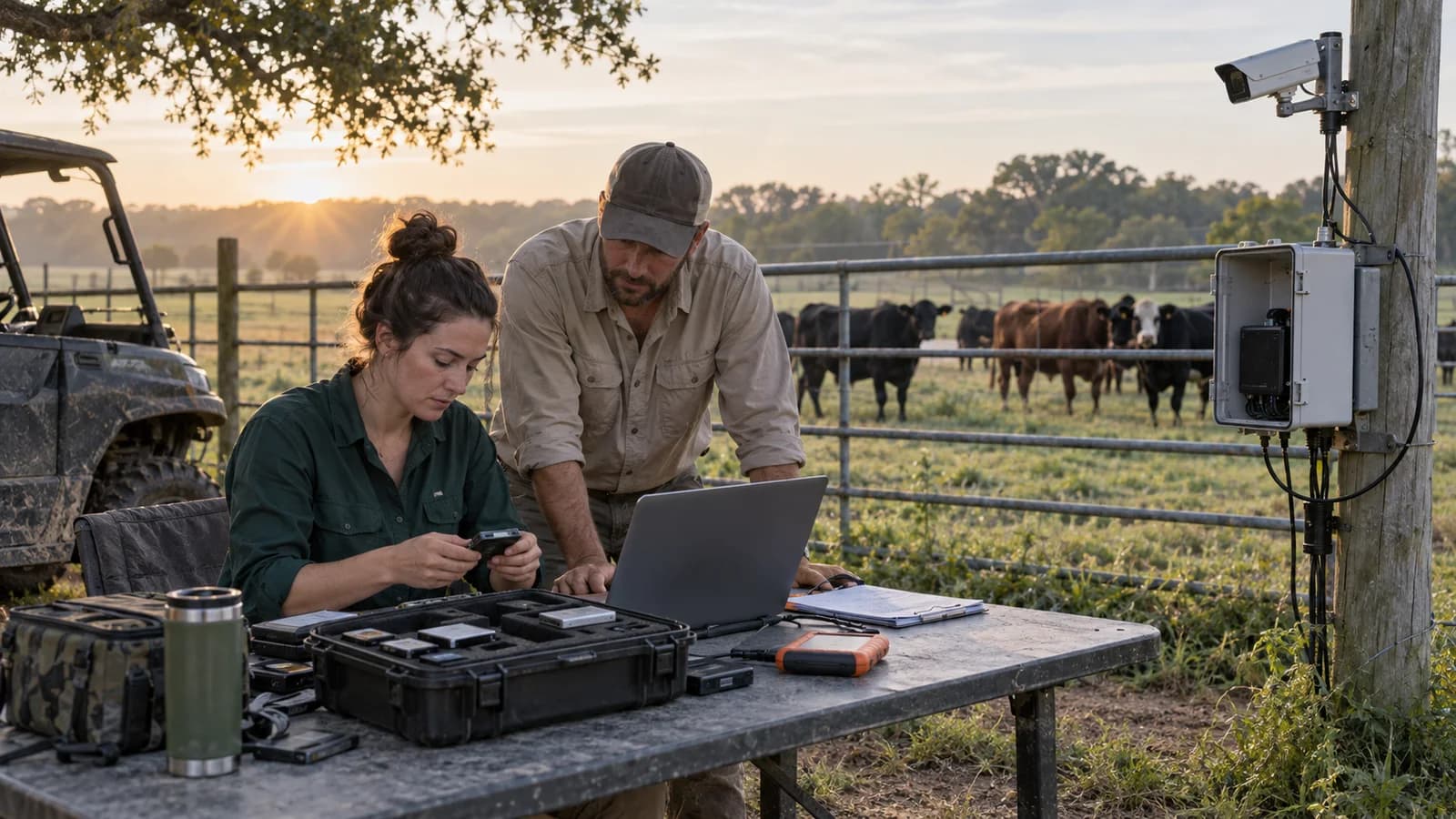 Illustration of two cattle researchers organizing camera-study files and storage beside a monitored pasture pen