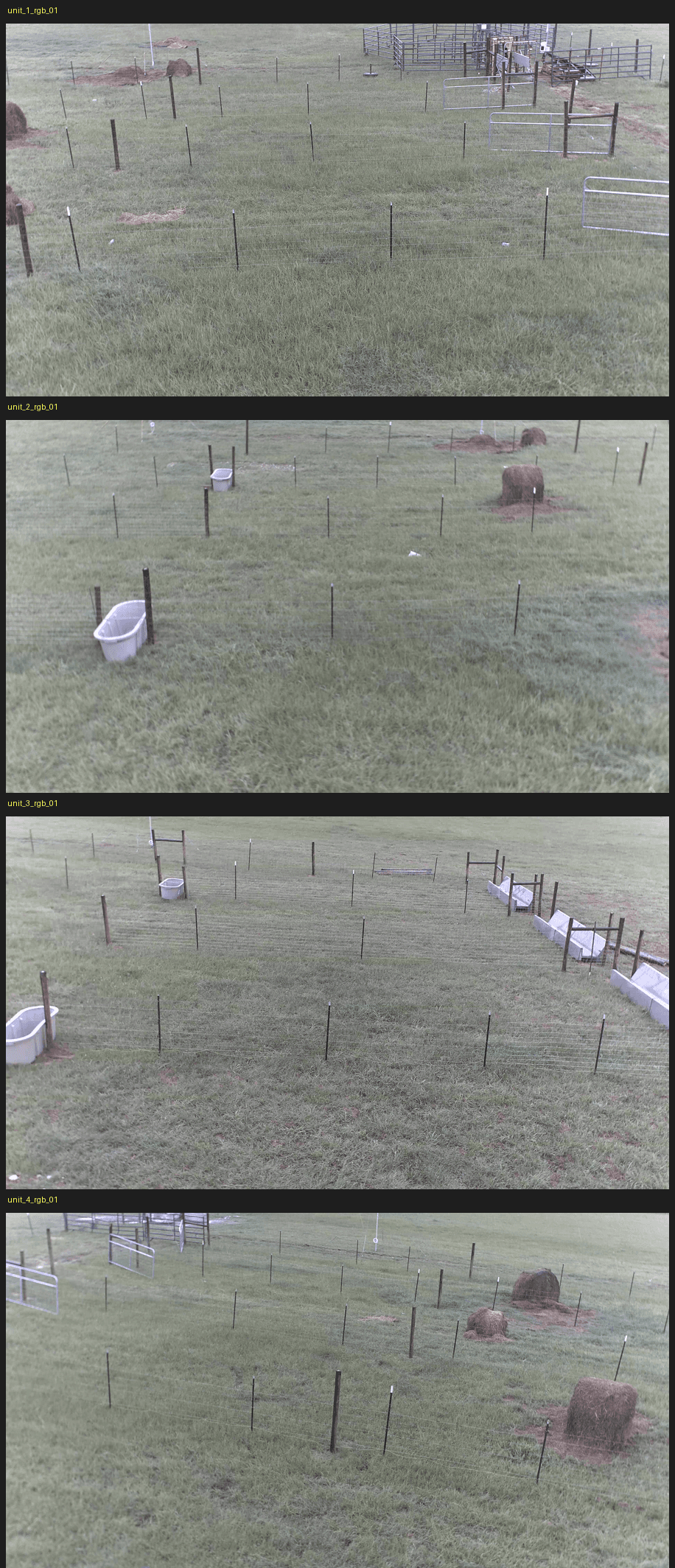 Four labeled RGB camera views of empty cattle research pens at the Tuskegee University field site