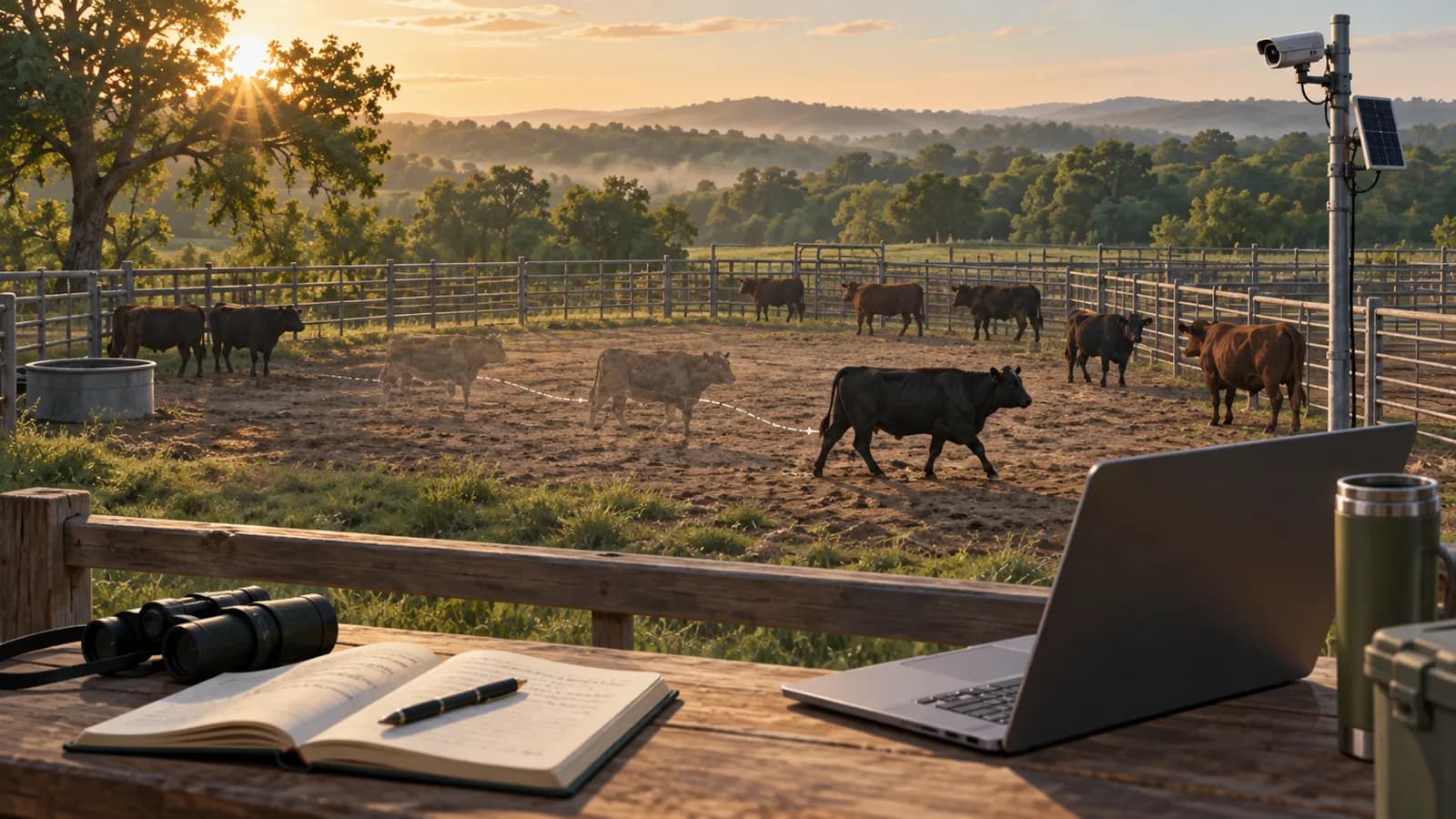 Illustration of cattle in a research pen with a fixed camera and a field notebook nearby