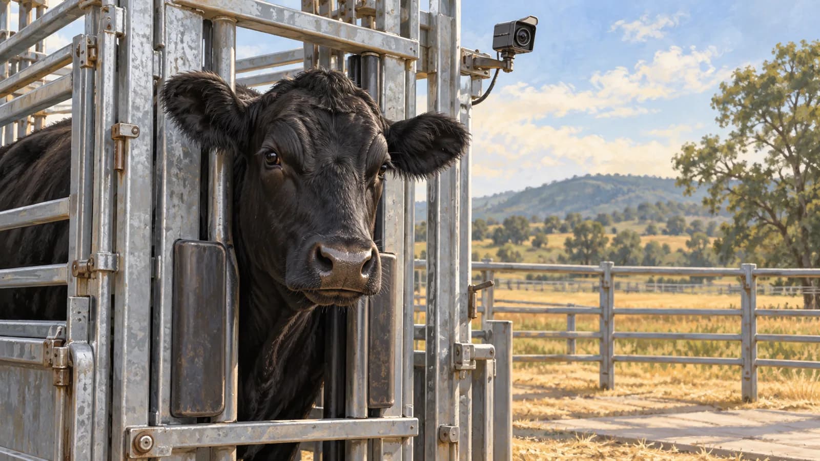 Illustration of a beef cow facing a small camera during a calm, controlled chute passage