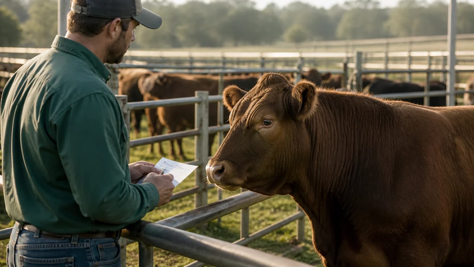 Illustration of a cattle caretaker recording a calm steer eye check beside a handling lane
