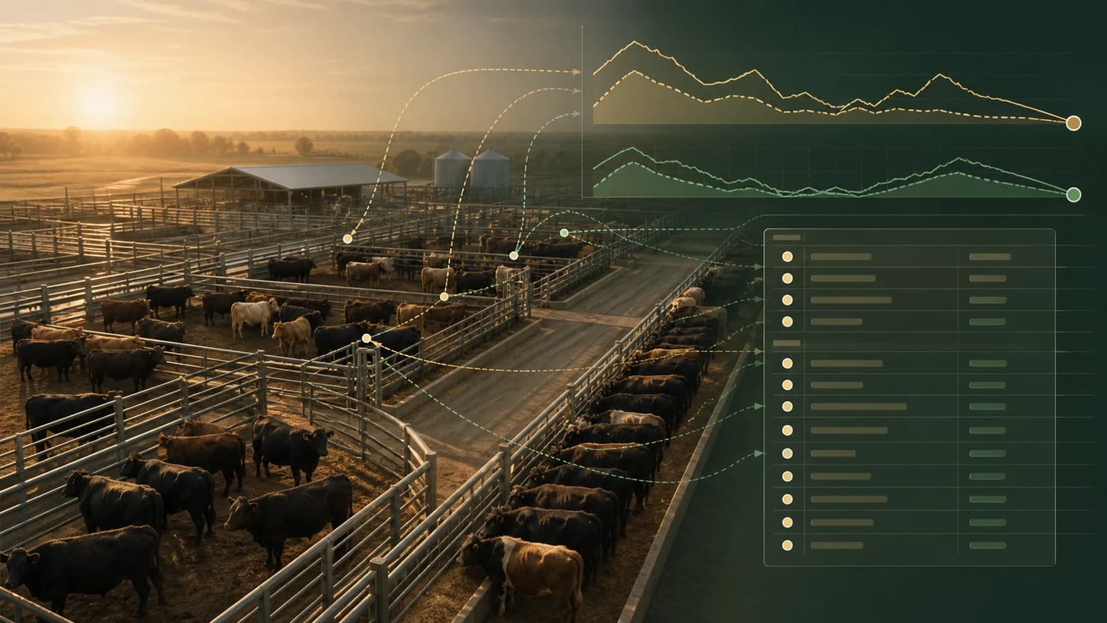 Editorial illustration of feedlot pens connected to separate market curves and pen inventory records