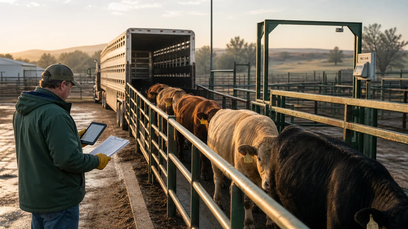 Illustration of cattle unloading while a feedlot crew member checks a tablet and load manifest