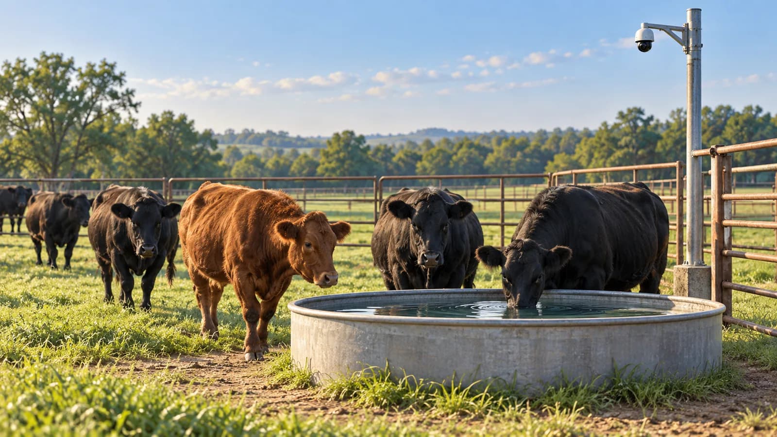 Illustration of beef cattle gathered near an outdoor water trough with a fixed camera overlooking the pen