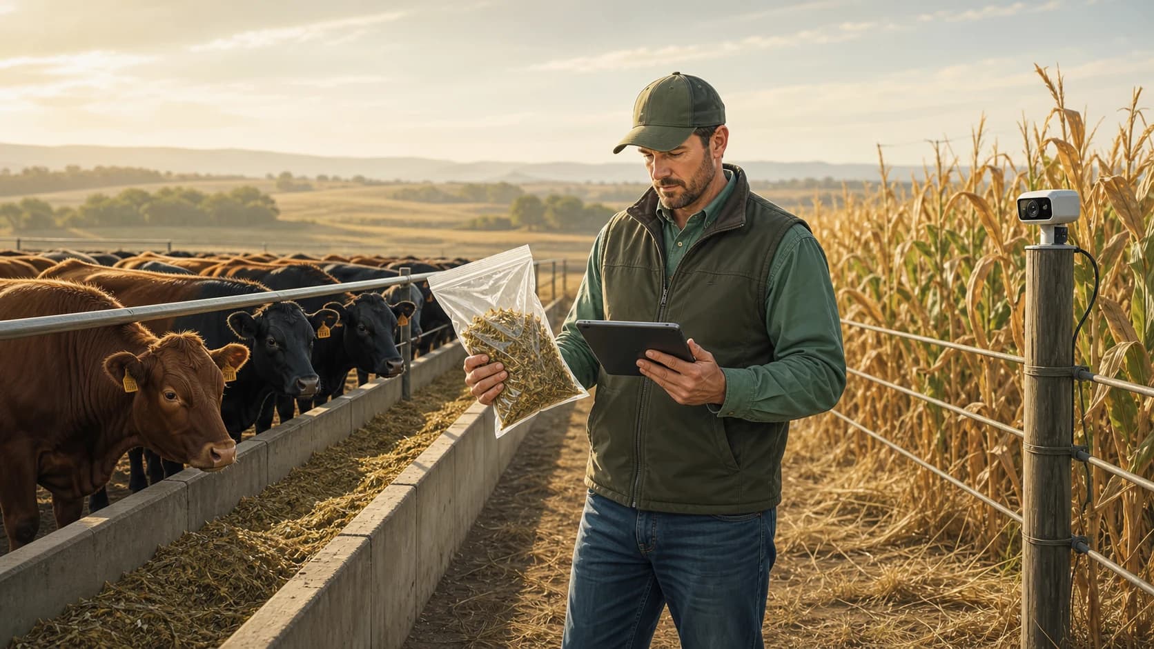 Illustration of healthy cattle at a feed bunk while a manager checks a drought-forage sample and tablet record beside a fixed camera