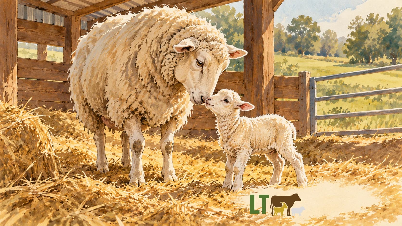 Editorial watercolor-and-ink illustration of a ewe lowering her nose toward a standing lamb in a straw-bedded shelter, with the authentic Livestock Technologies logo