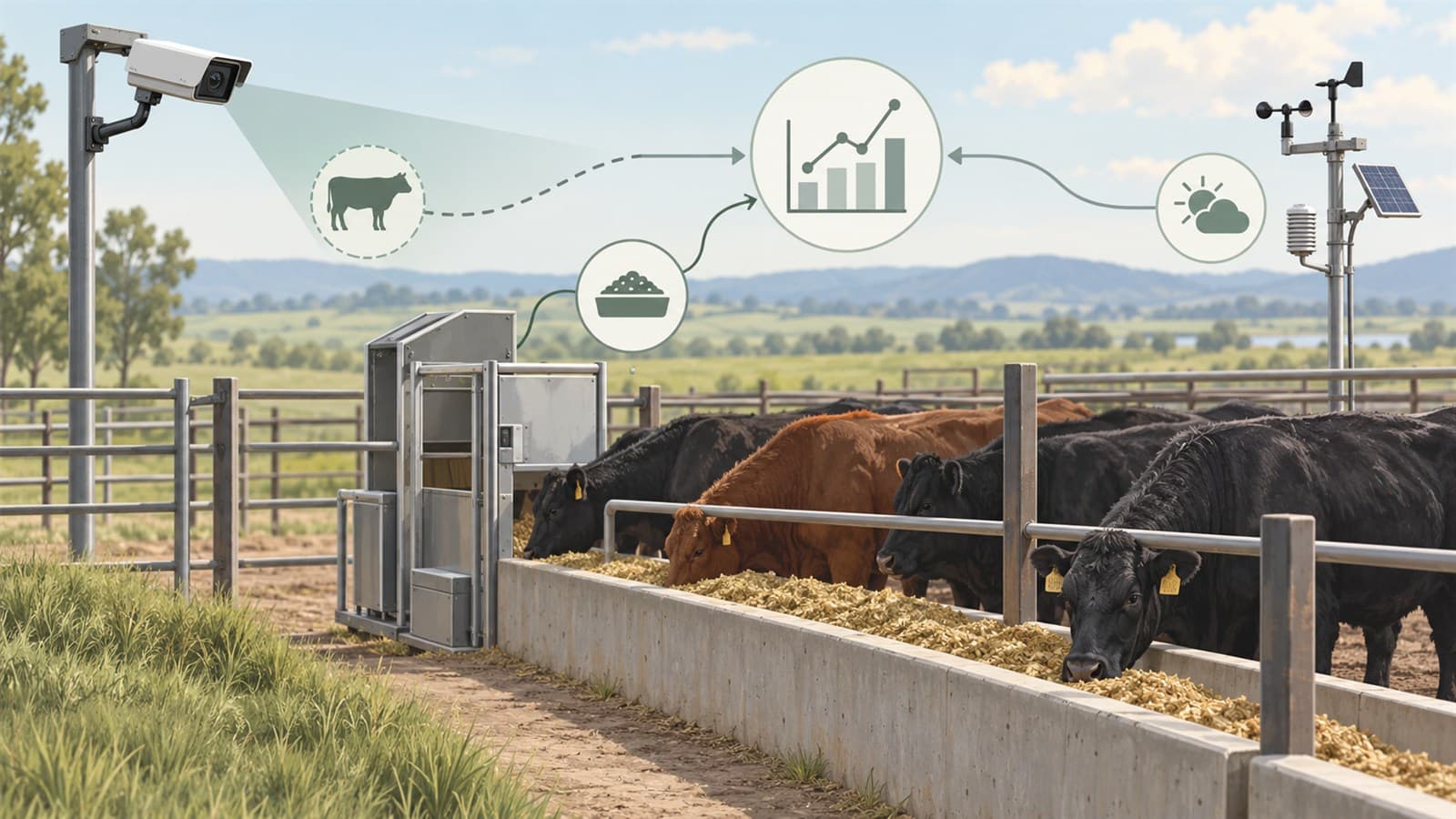 Editorial illustration of cattle at a feed bunk, with a camera view, a separate feeder-measurement station, weather instruments and an abstract research chart