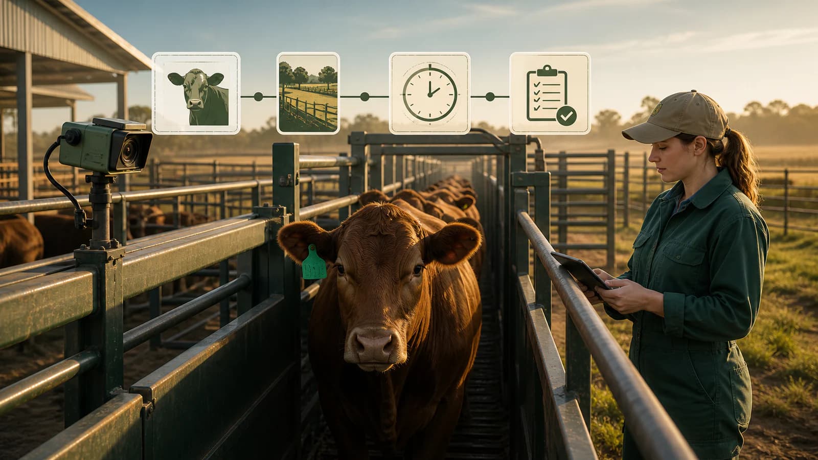 Editorial illustration of tagged cattle moving through a monitored chute while a cattle-care professional reviews a linked record