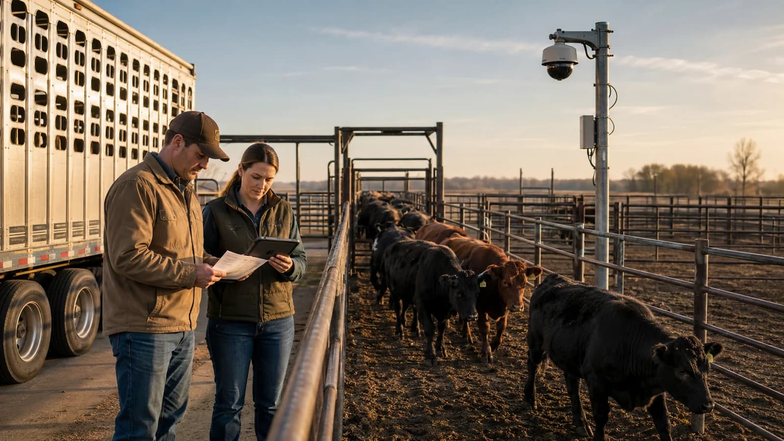 Illustration of a feedlot receiving team reviewing cattle source records beside an arrival pen and fixed camera