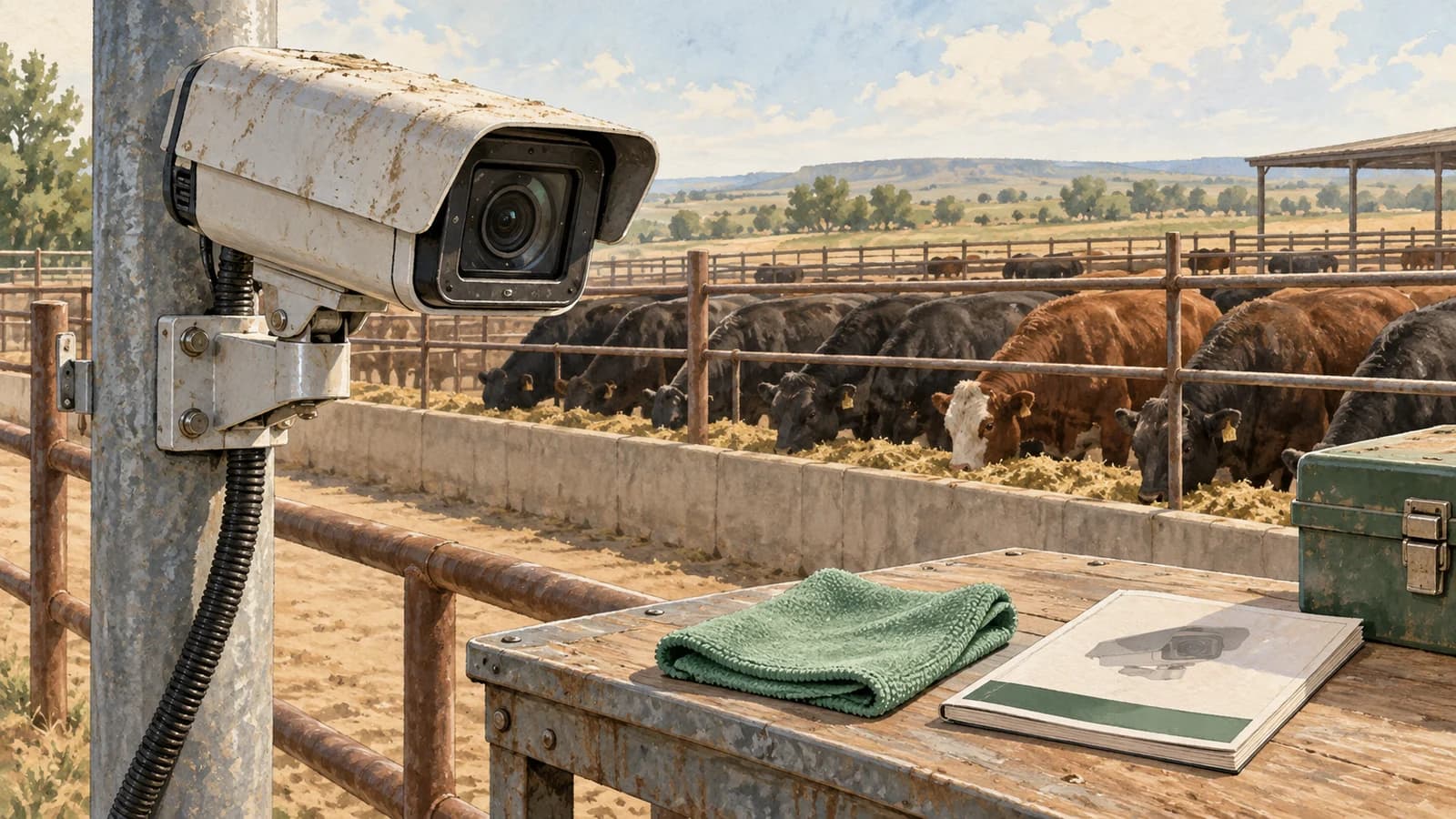 Editorial illustration of an outdoor cattle camera beside a feed bunk, with a cleaning cloth and equipment manual