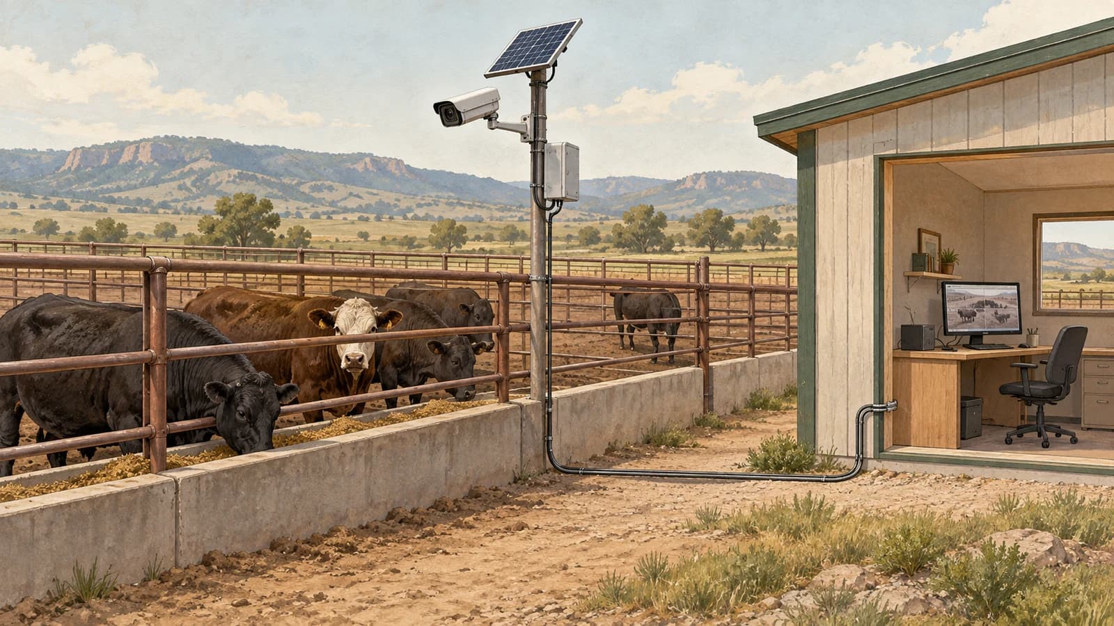 Editorial illustration of cattle at a feed bunk, a solar-powered camera pole, and a connected farm-office computer