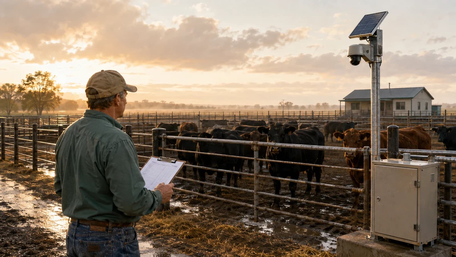 Illustration of a feedlot manager checking cattle with a paper record beside a solar camera mast and equipment cabinet