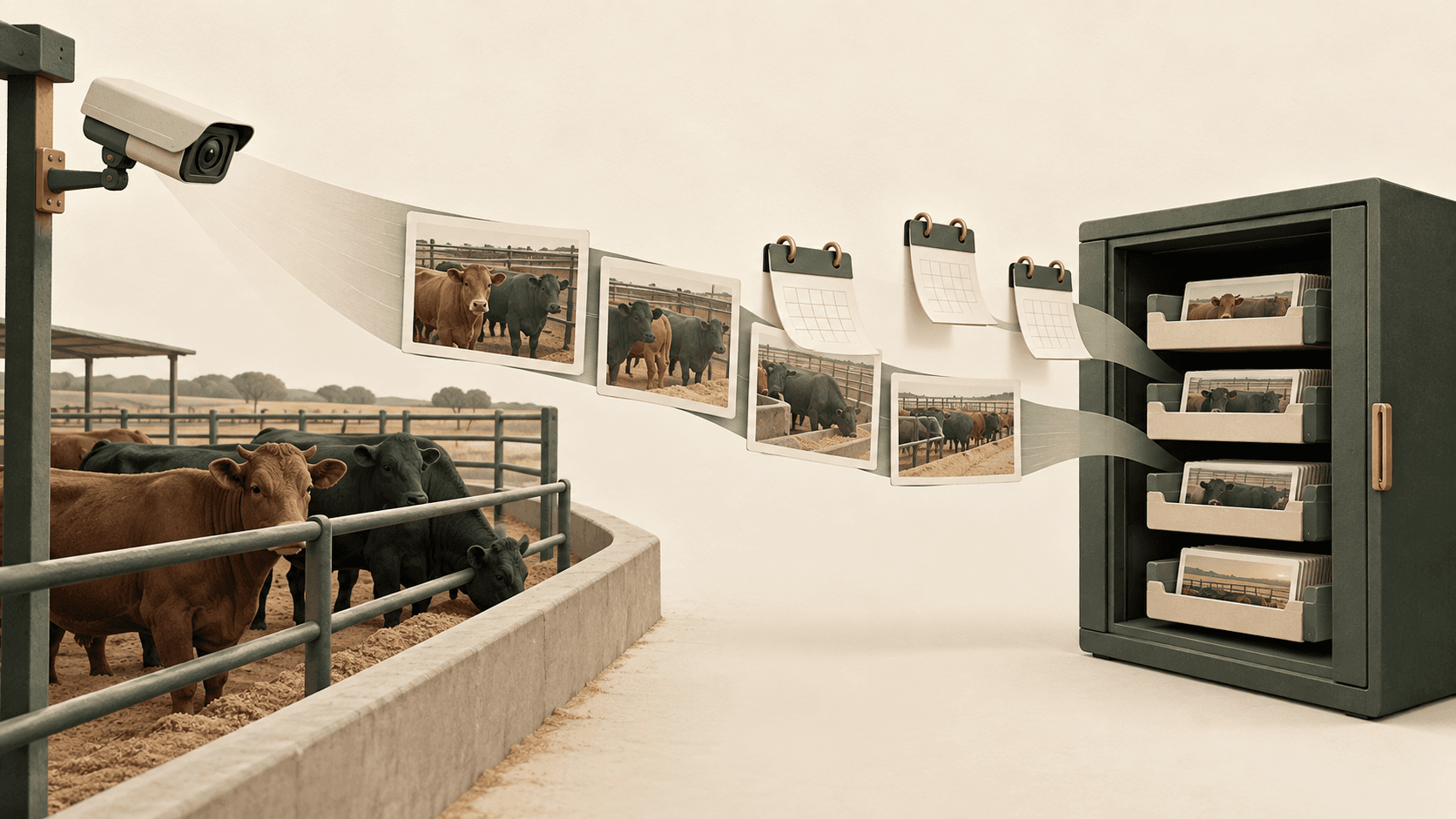 Editorial illustration of a feedlot camera, cattle-image frames, calendar leaves and an on-site archive cabinet