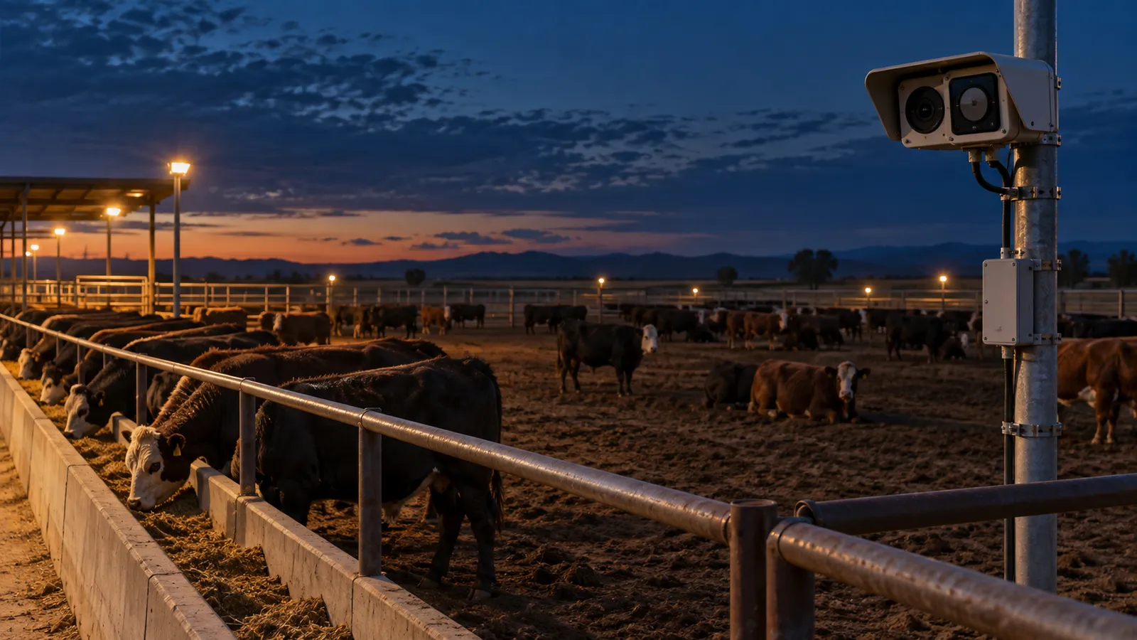 Illustrative feedlot at dusk with calm cattle near a bunk and a fixed dual-sensor camera mounted outside the pen