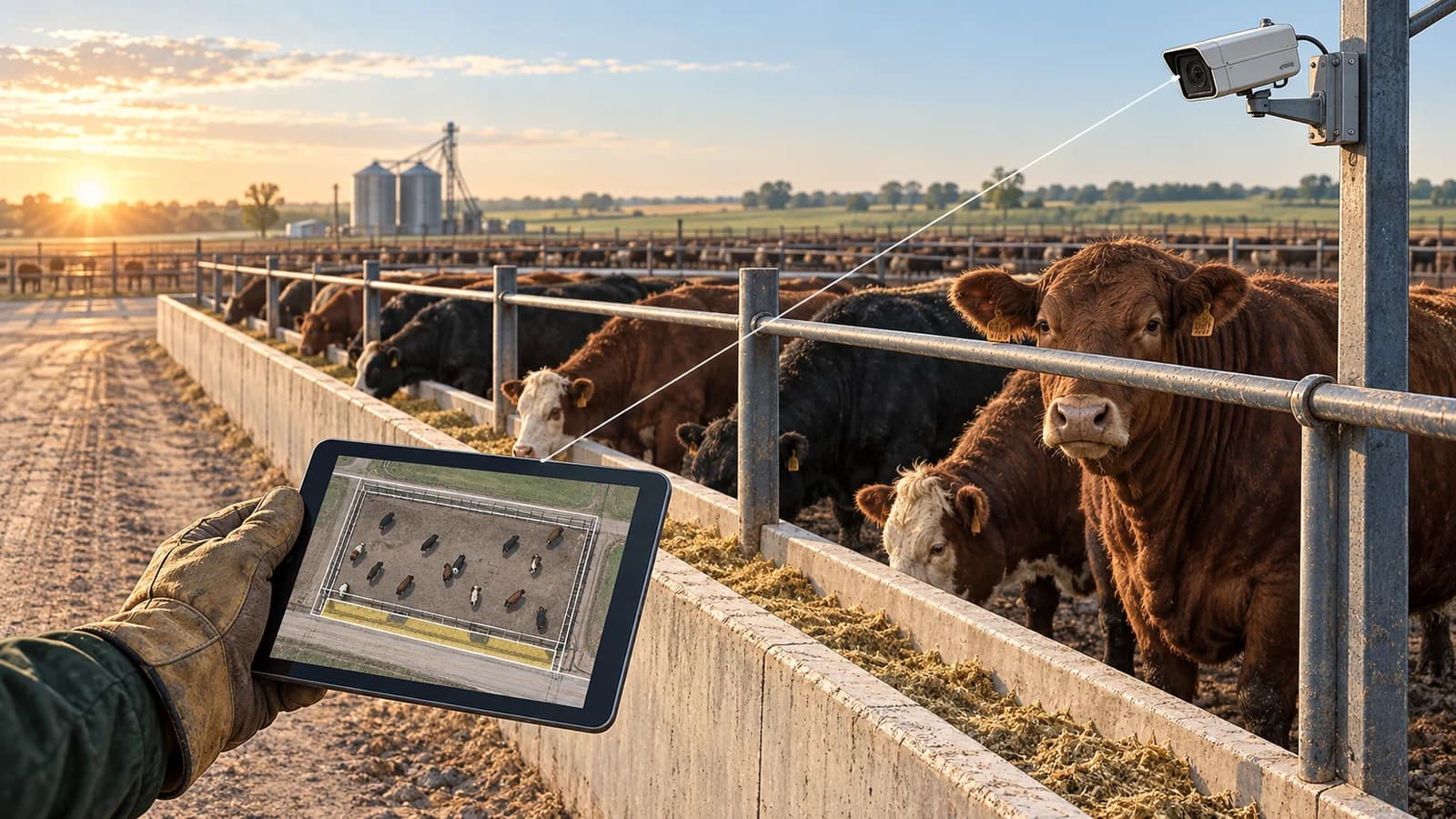 Editorial illustration of beef cattle at a feed bunk, a fixed camera, and a tablet with a simplified pen view