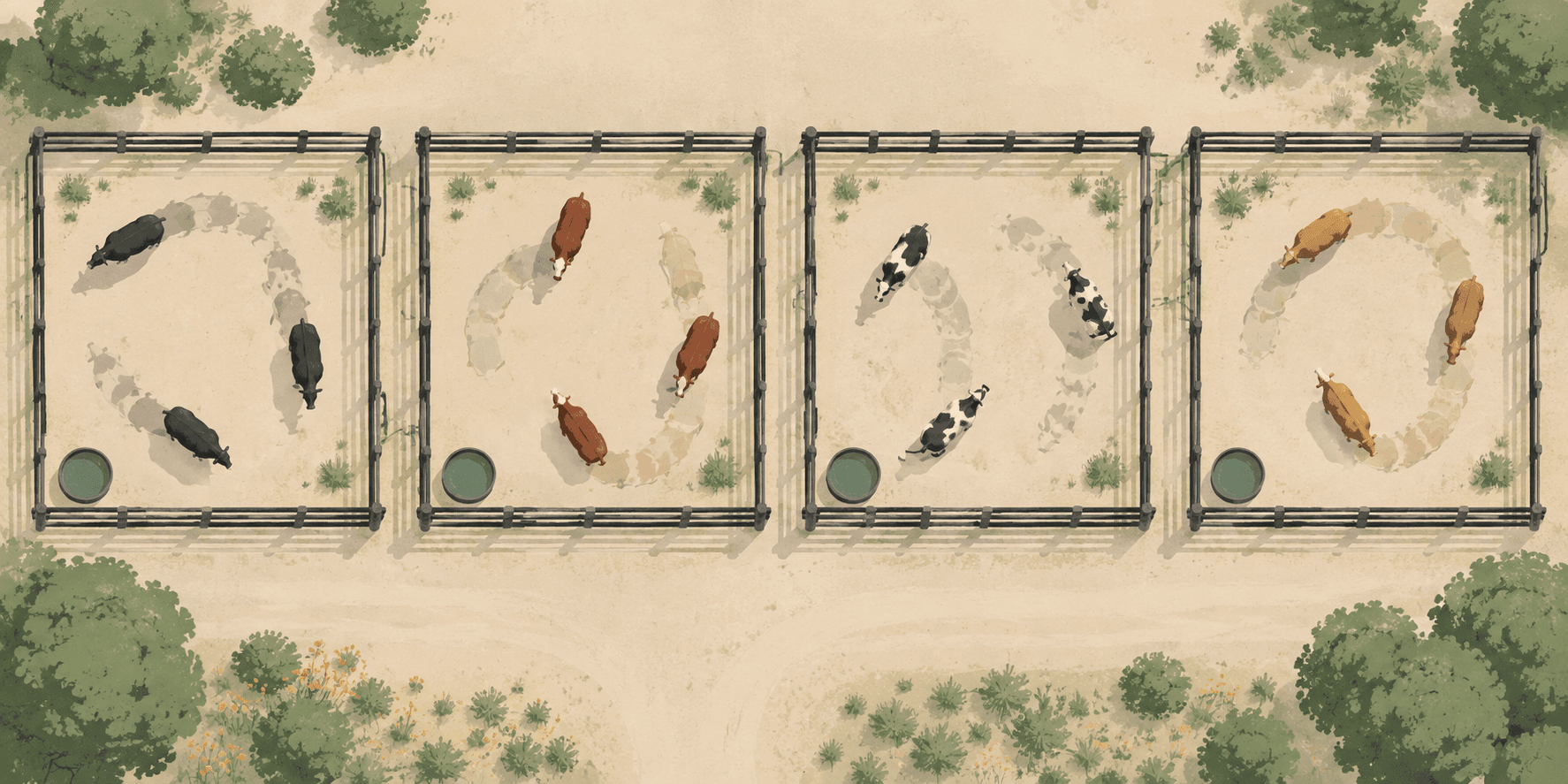 Conceptual overhead illustration of four cattle pens, each with repeated cattle-position traces inside the same pen