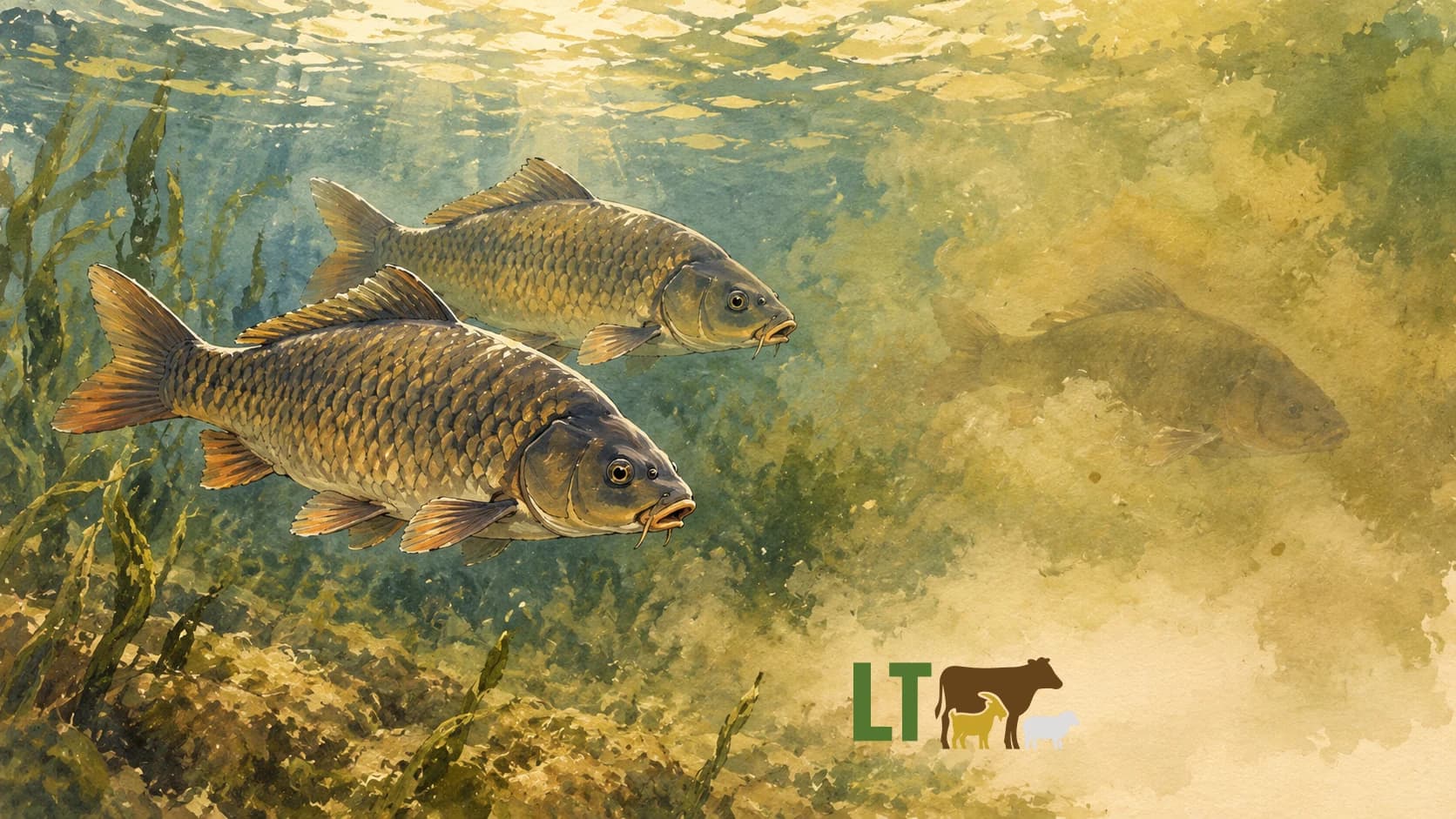 Editorial gouache-and-ink illustration of fish moving through clear and cloudy green water, with the authentic Livestock Technologies logo