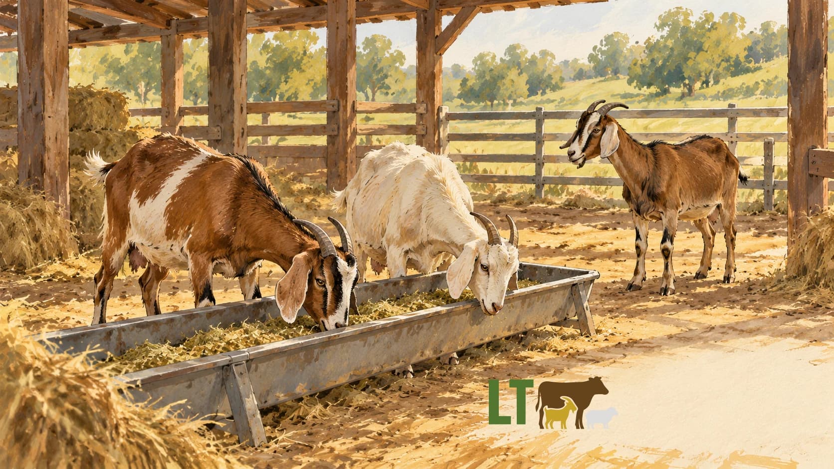 Editorial gouache-and-ink illustration of goats eating and waiting beside a barn trough, with the authentic Livestock Technologies logo