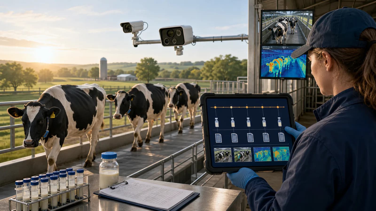 Editorial illustration of dairy cattle moving through a camera-supported research lane while a researcher aligns milk samples, movement records, and RGB and thermal observations on a tablet