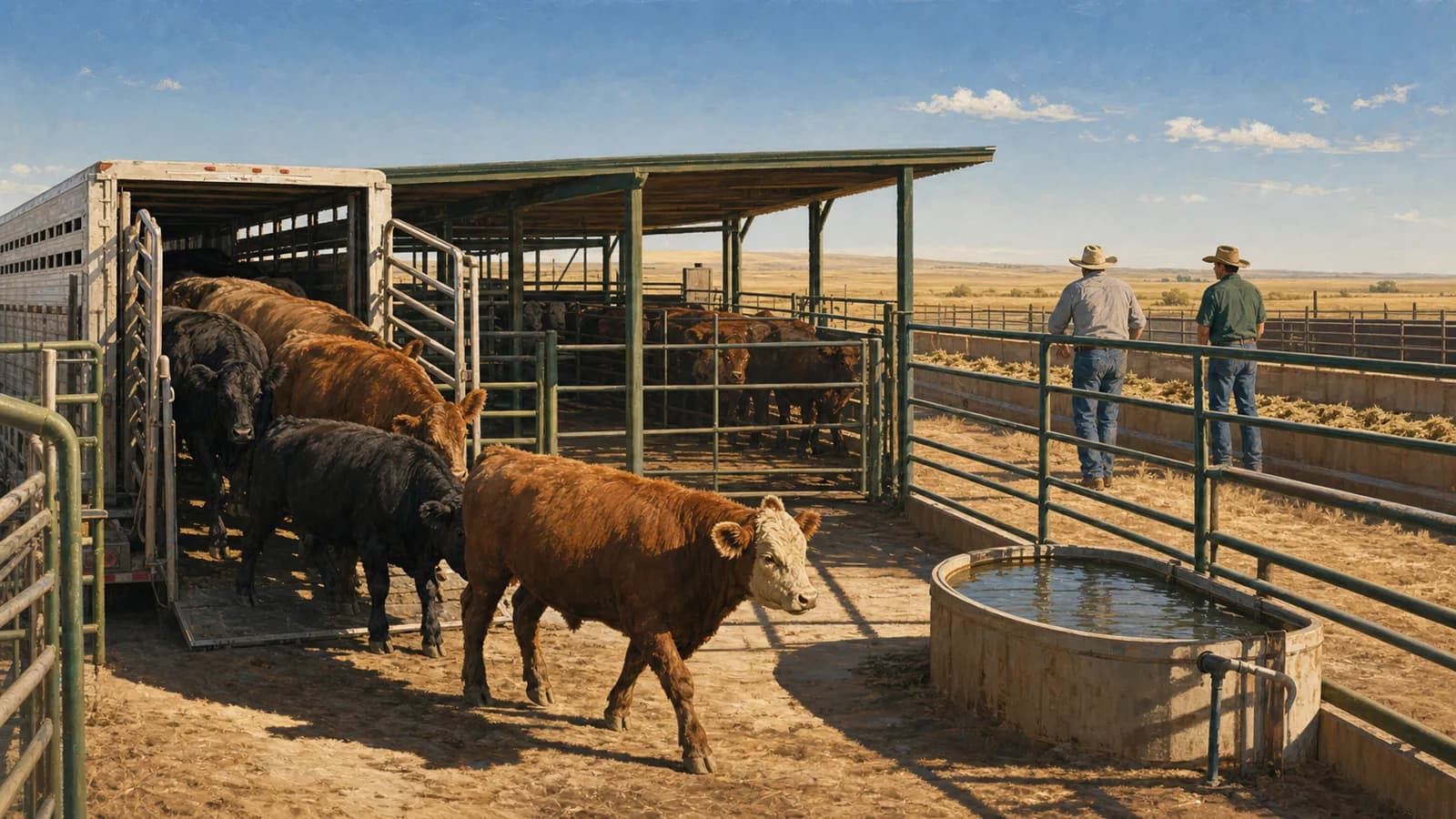 Editorial illustration of feeder cattle entering a shaded receiving pen with a clean water tank available during hot weather