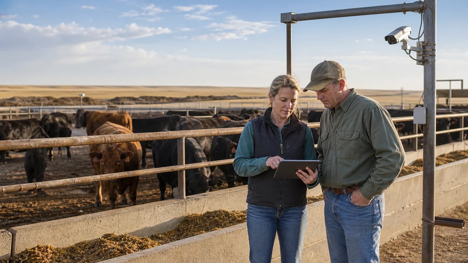 Editorial illustration of a veterinarian and feedlot manager reviewing cattle records beside a camera-monitored pen