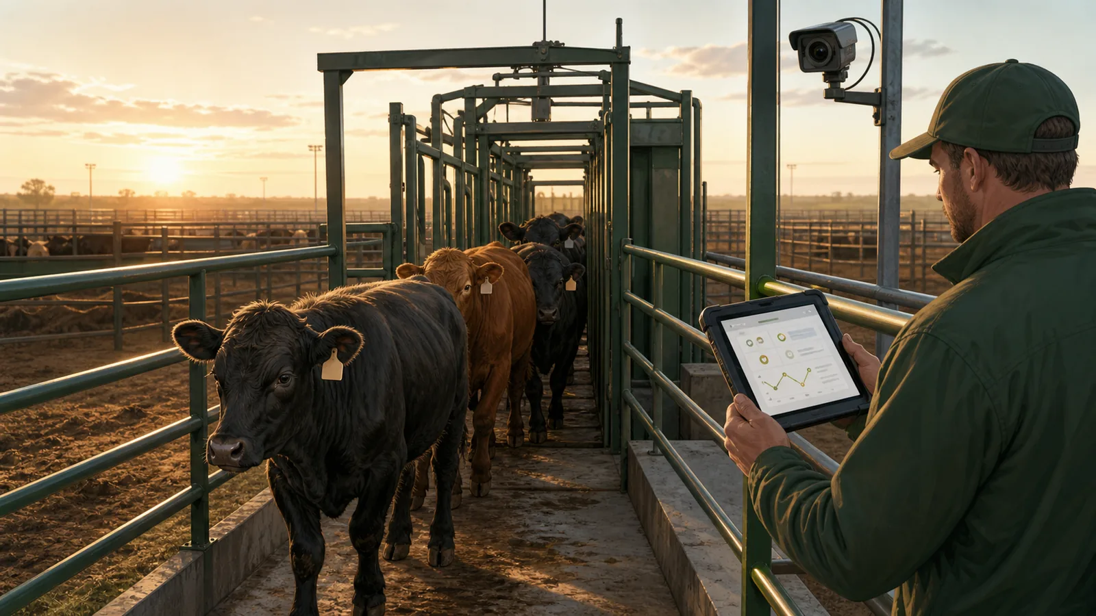 Editorial illustration of tagged feeder cattle moving through a camera-supported receiving chute while an operator reviews records