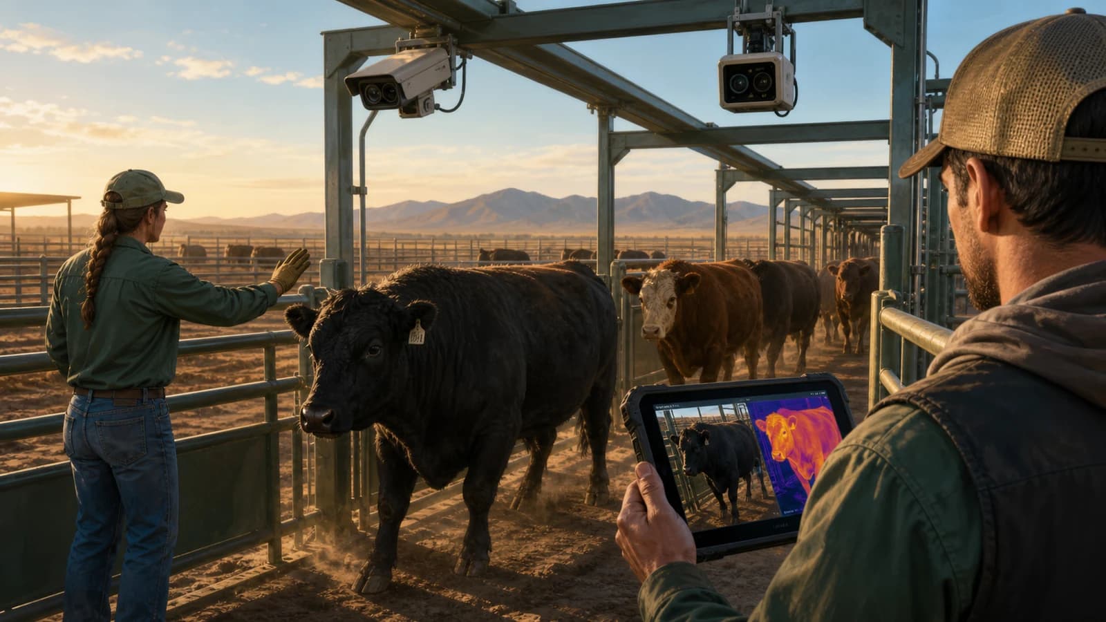Editorial illustration of a cattle-care team inspecting animals while fixed digital and thermal cameras preserve review evidence