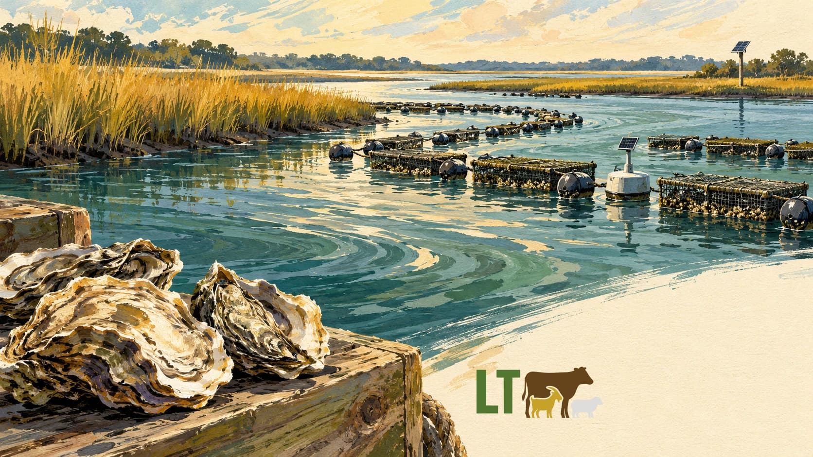 Editorial gouache illustration of oyster shells and grow-out baskets on a marsh creek, with the authentic Livestock Technologies logo