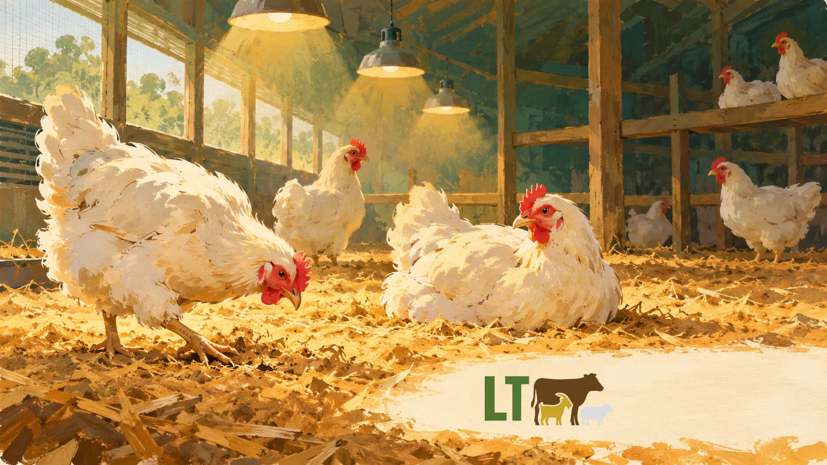 Editorial gouache illustration of white hens resting and scratching beneath warm poultry-house lights, with the authentic Livestock Technologies logo
