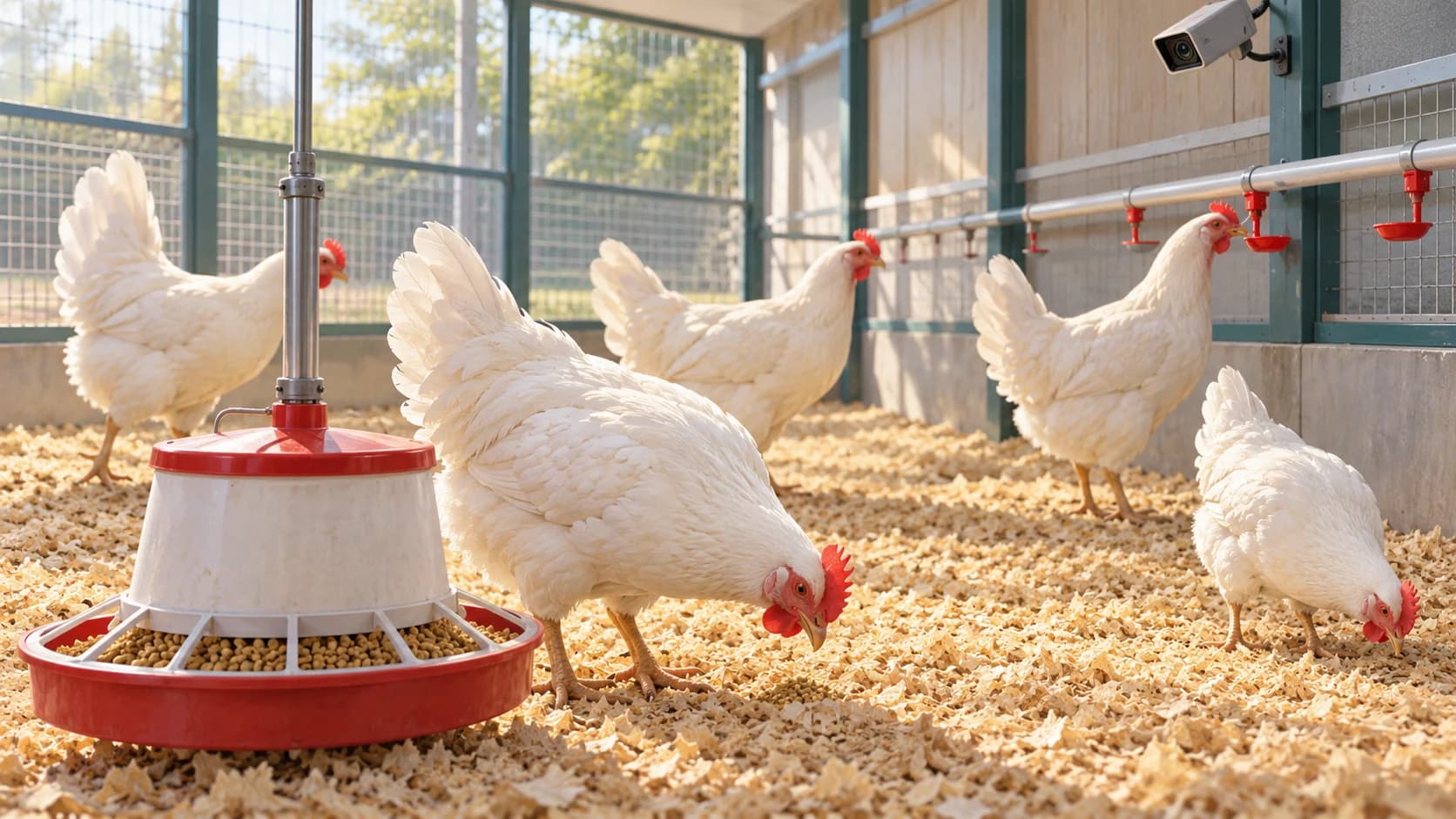 AI-generated illustration of five white laying hens beside a feeder and drinker line, with a fixed camera overlooking the pen