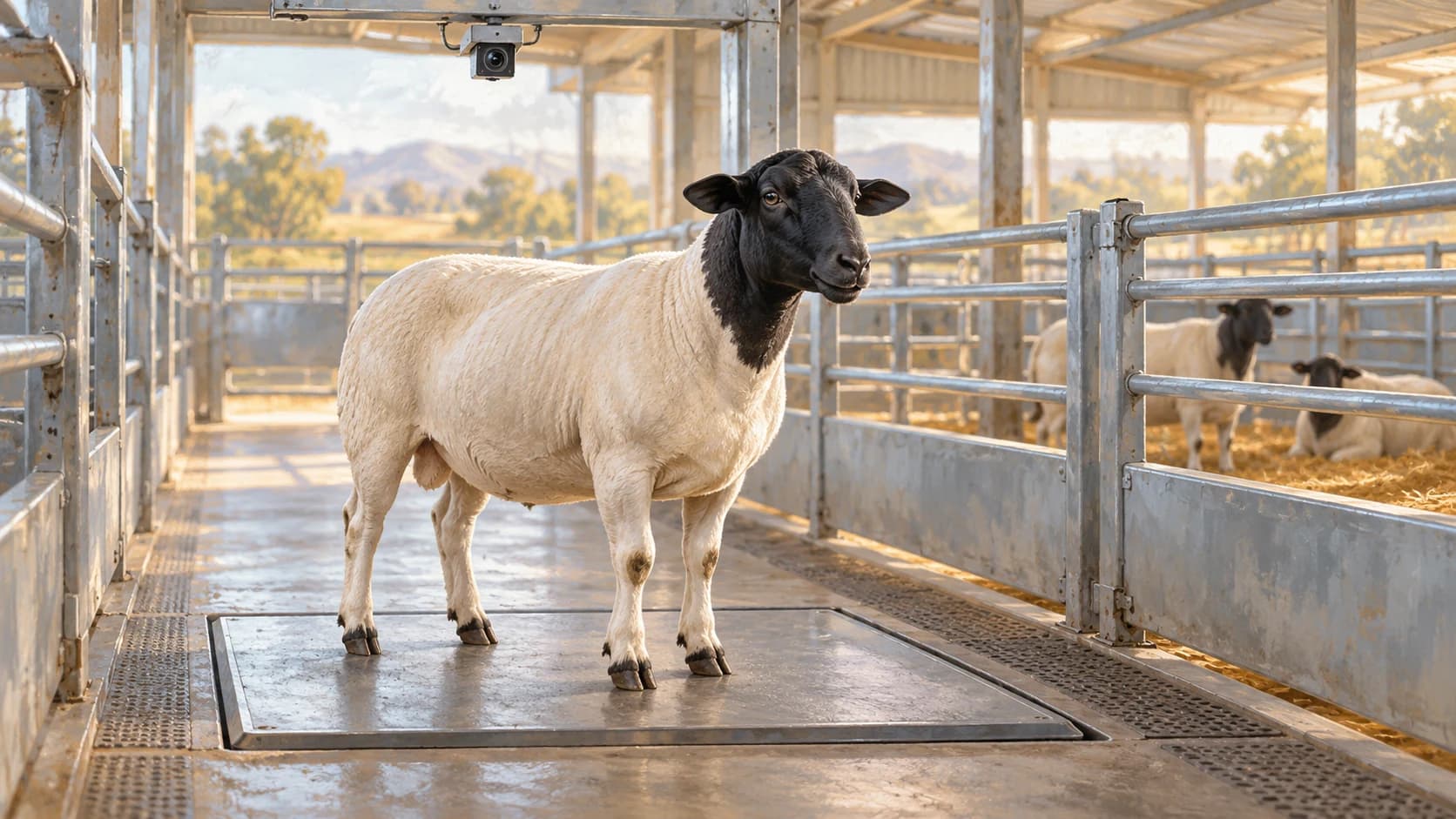 AI-generated editorial illustration of a Dorper ewe on a plain weighing platform beneath an overhead camera in a research barn