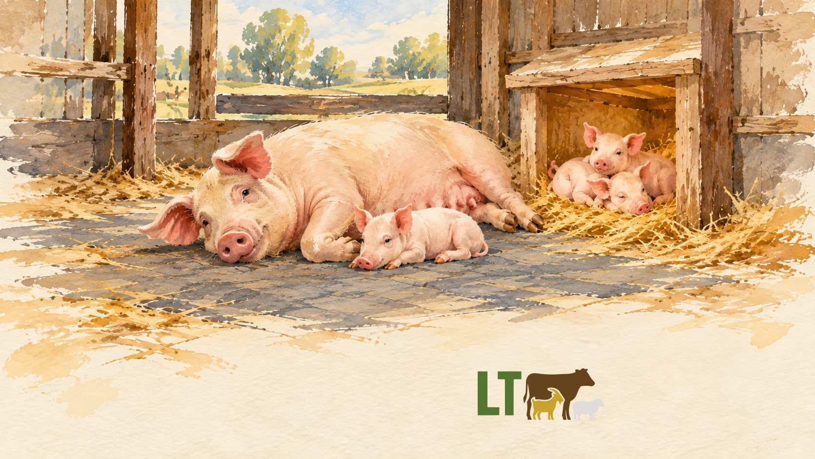 Editorial watercolor-and-ink illustration of a sow resting beside a separate sheltered piglet area, with the authentic Livestock Technologies logo