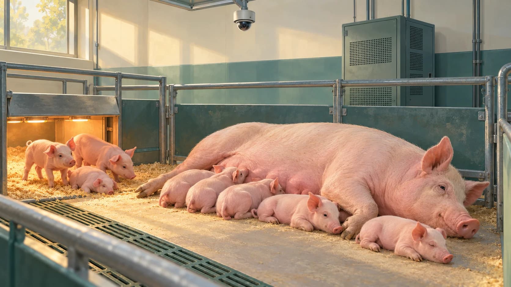 AI-generated editorial illustration of a resting sow and piglets in a research pen, with an overhead camera and a computing cabinet outside the pen