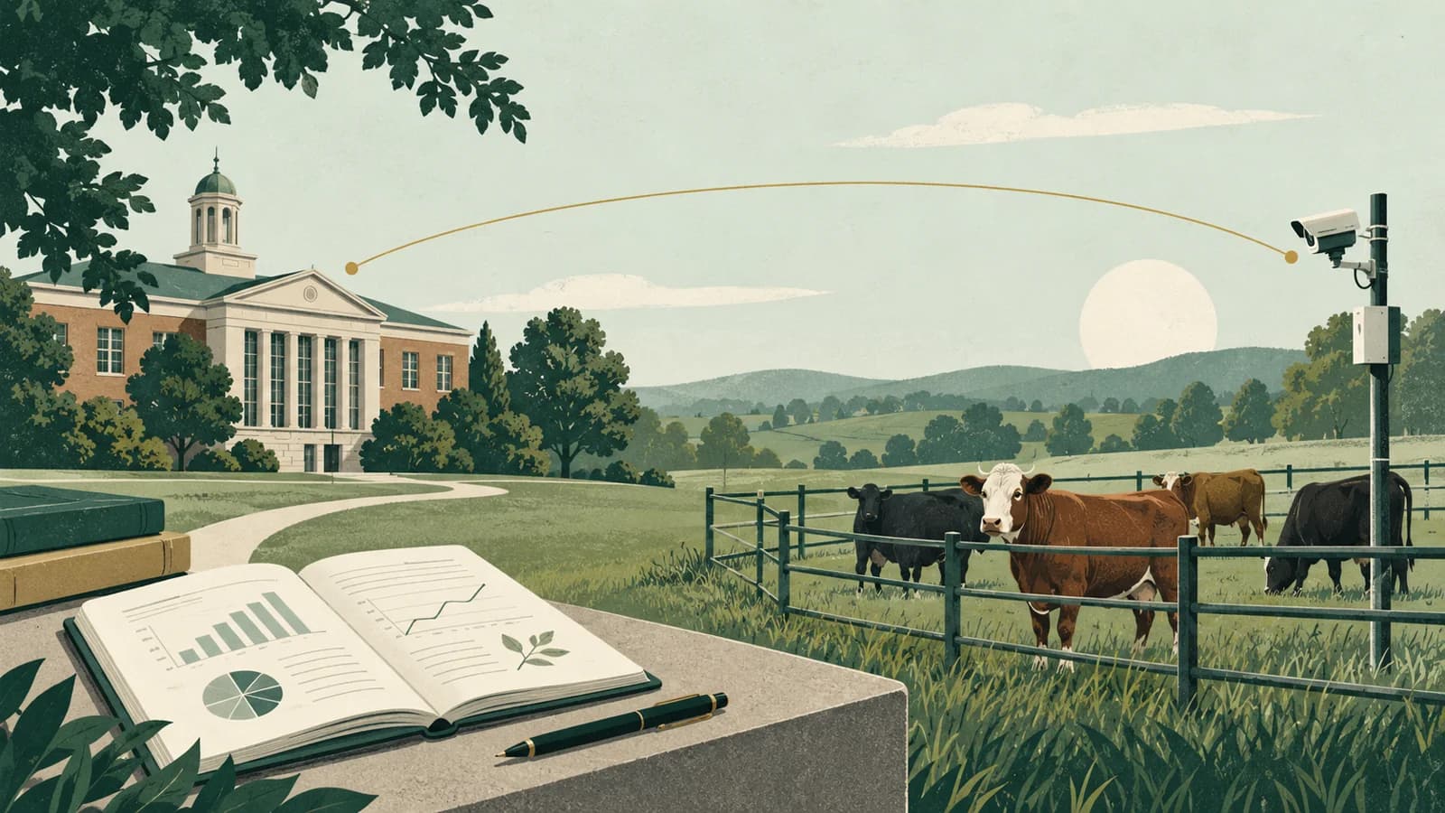 Editorial illustration connecting a university research notebook with cattle and a camera in a field research setting