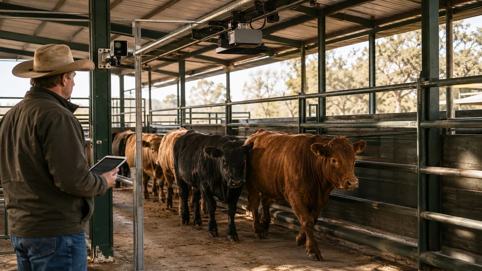Illustrative livestock auction alley with calm feeder cattle moving beneath an overhead depth sensor while a market reporter reviews a tablet
