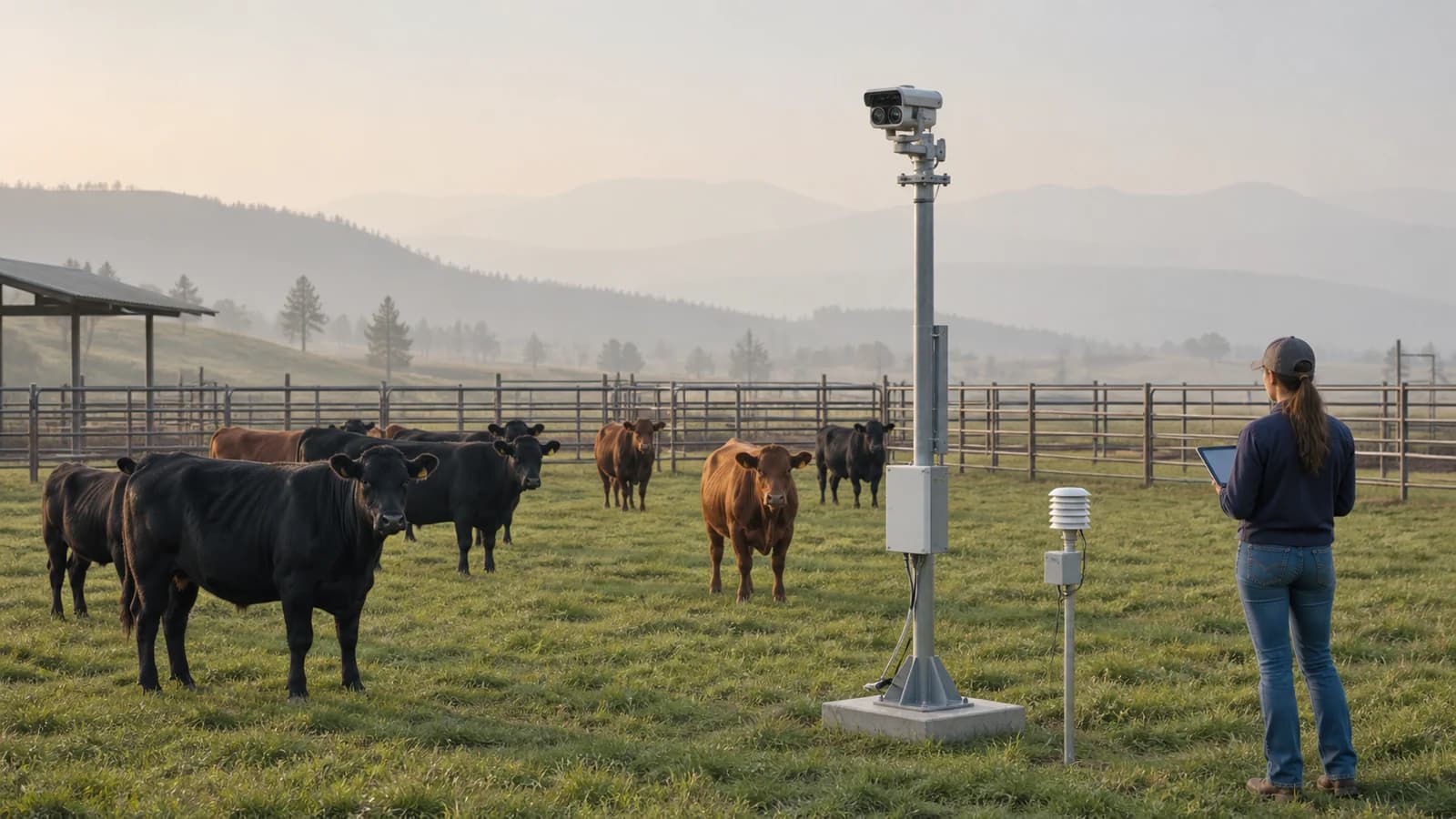 Editorial illustration of healthy cattle in a research pen with a fixed camera, air-quality sensor, and light wildfire haze