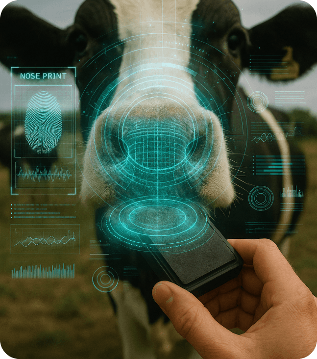 Illustration of a controlled cattle muzzle reference image linked with a visible ear tag