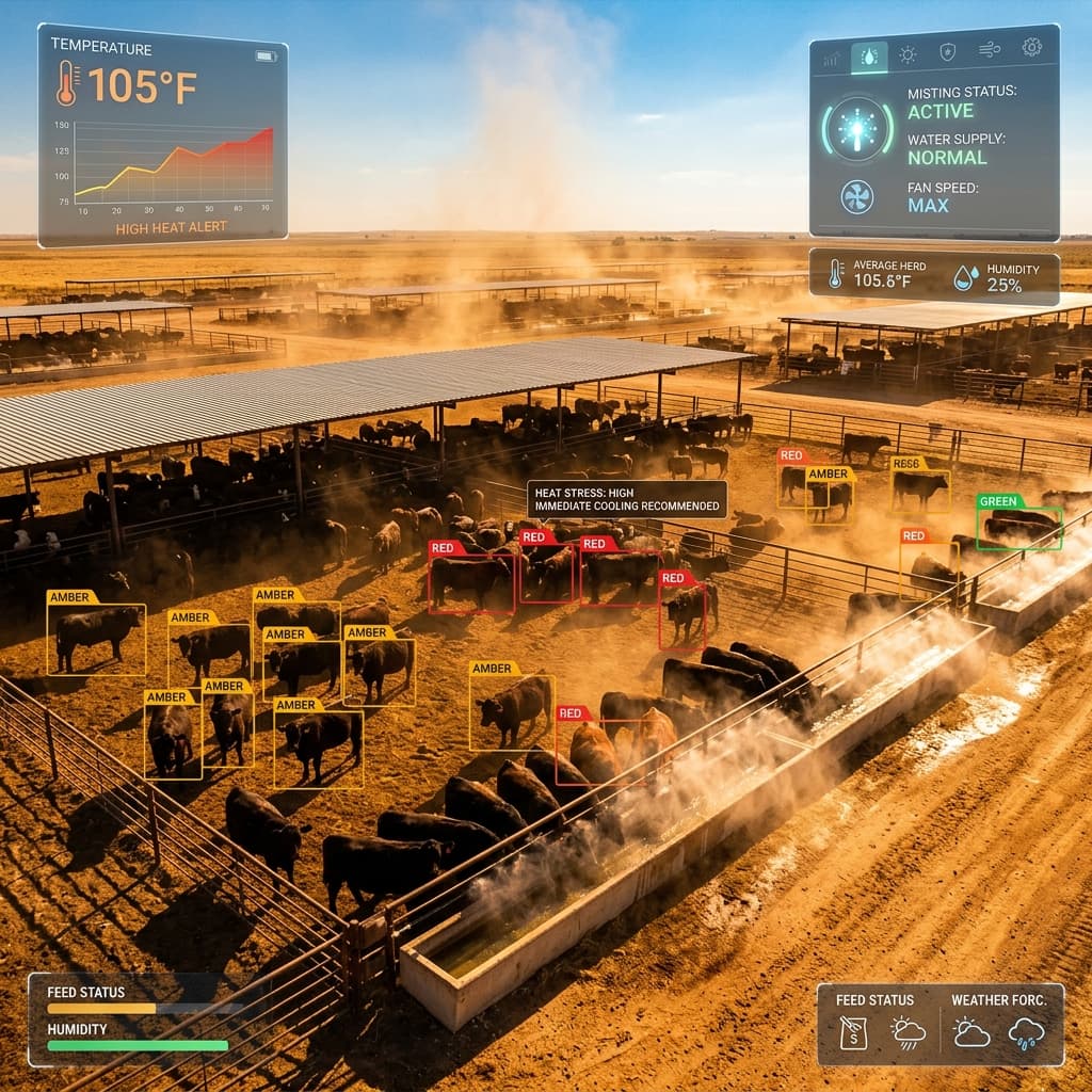 AI thermal detection overlay on a feedlot with automated misting systems