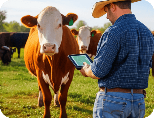 Man on tablet looking at cattle monitoring data