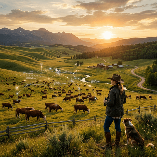 Rancher looking across a cattle landscape representing stewardship and attentive care